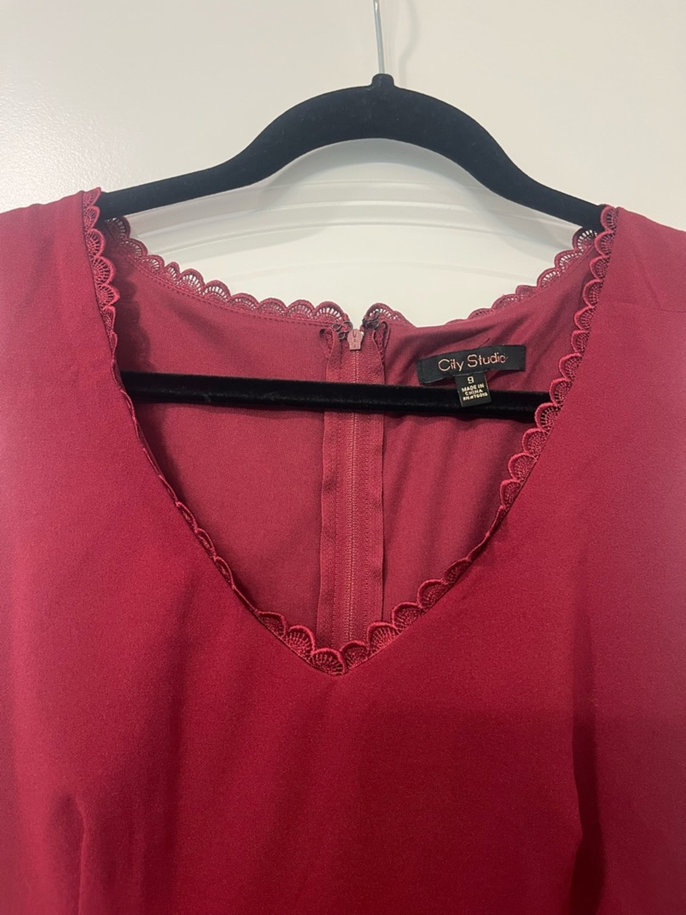 City Studio Burgundy Scalloped V-Neck Fit & Flare A-line Mini Dress Sz 9 NWT - Picture 6 of 12